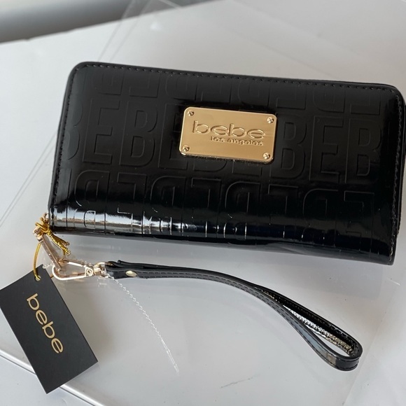 NWT ($49) Bebe Black Wallet Purse Alexandria Wristlet Gold Logo - Picture 10 of 13